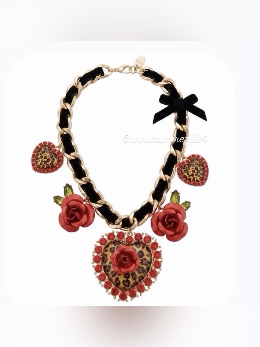 Betsey Johnson Gold-Tone Chain Necklace with Red Roses and Leopard Heart - Picture 14 of 16